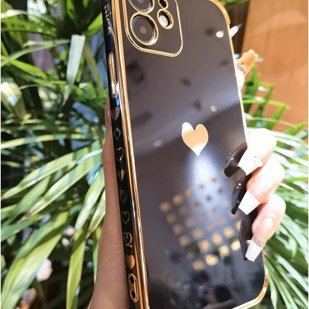 NEW! Women Heart iPhone 12 Cover Soft Luxury Case 6.1 inch Black and gold